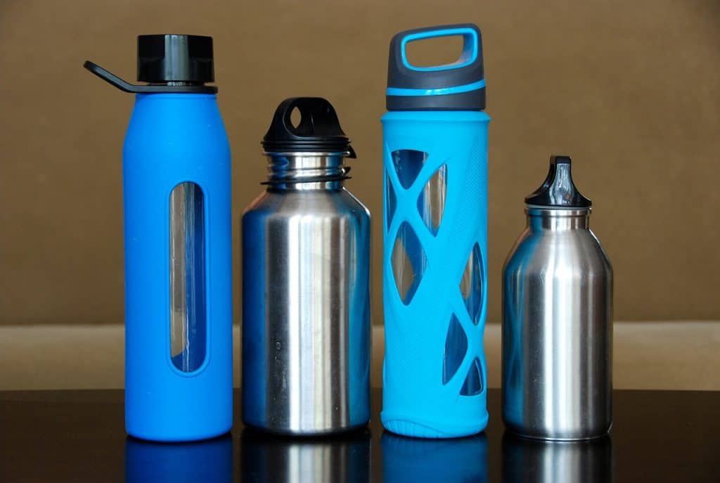 a collection of water bottles